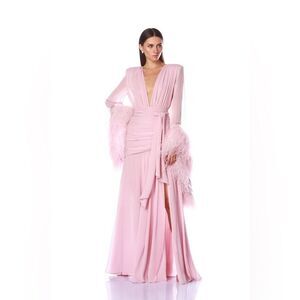 NWOT BRONX AND BANCO Geisha Pink Maxi Dress Feathered Gown | Retail $1100